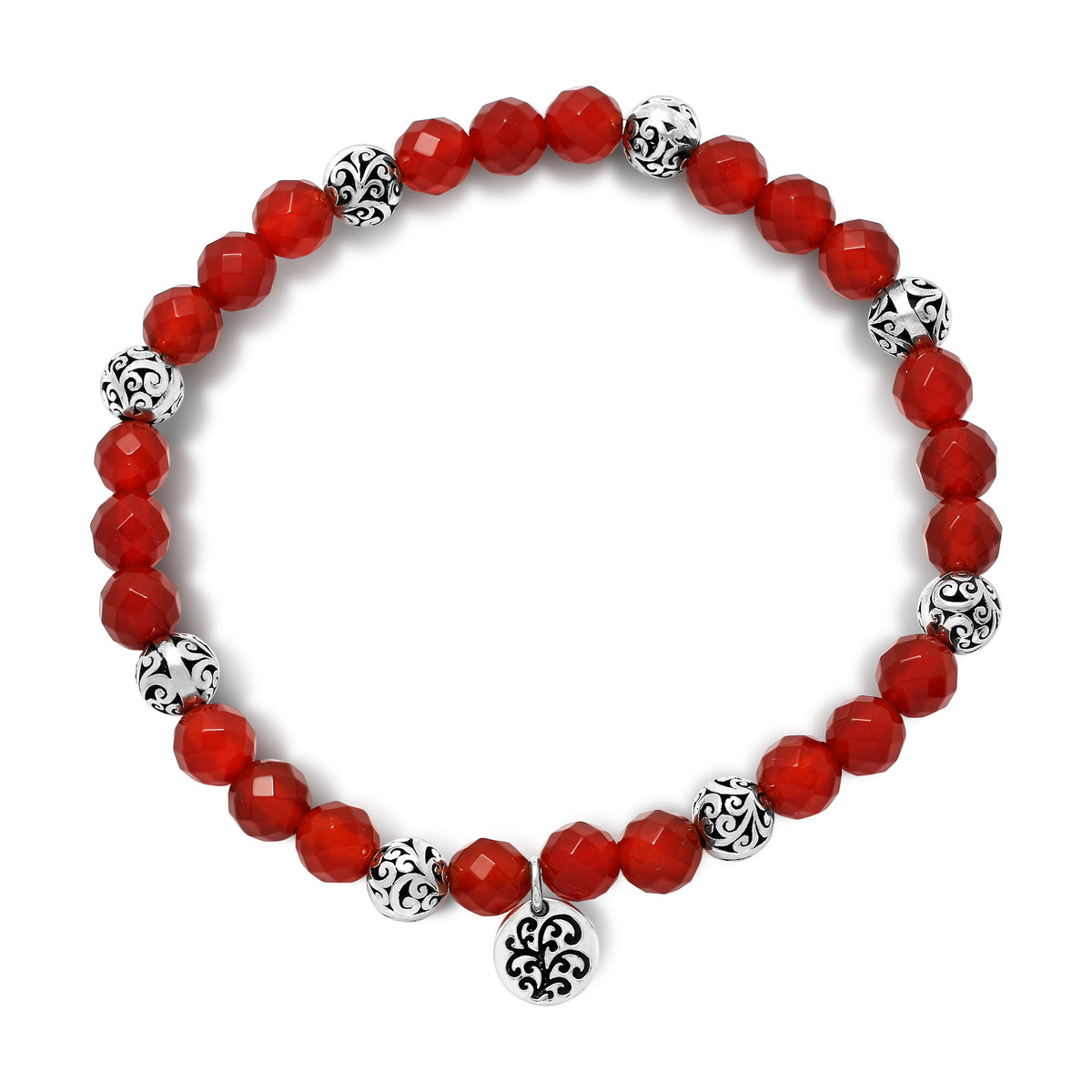 6 mm LH Signature Scroll and Red Carnelian Every Three Alternated Beads Stretch Bracelet
