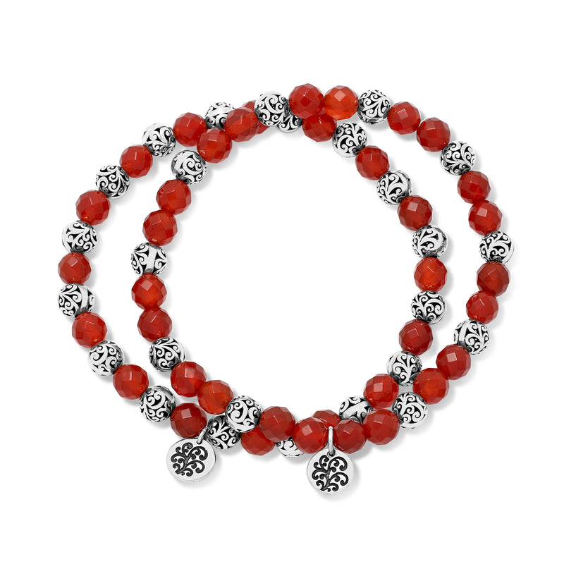 Set-of-2, 6 mm LH Signature Scroll and Red Carnelian Beads Stretch Bracelet