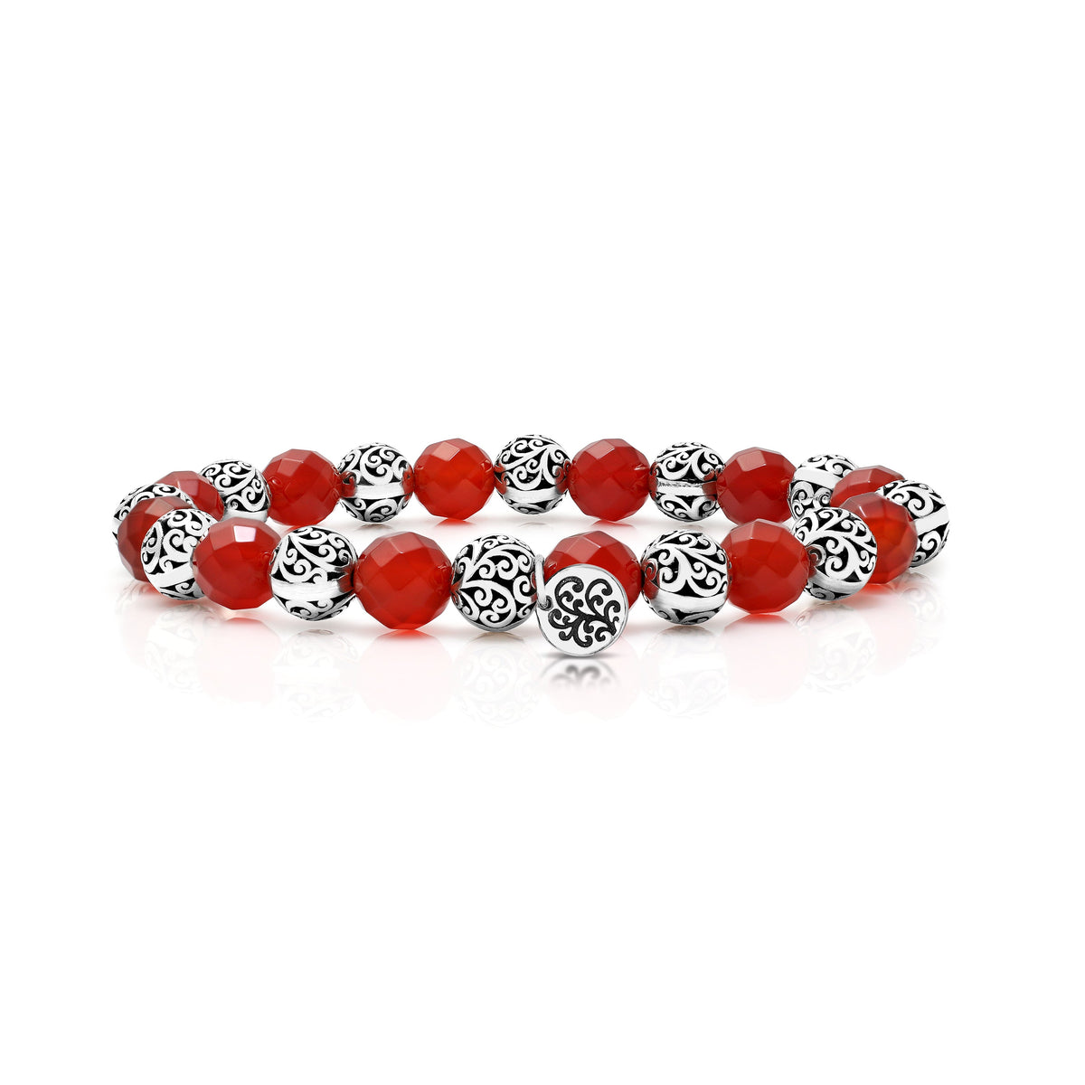 8 mm LH Signature Scroll Beads and Red Carnelian Alternated Stretch Bracelet