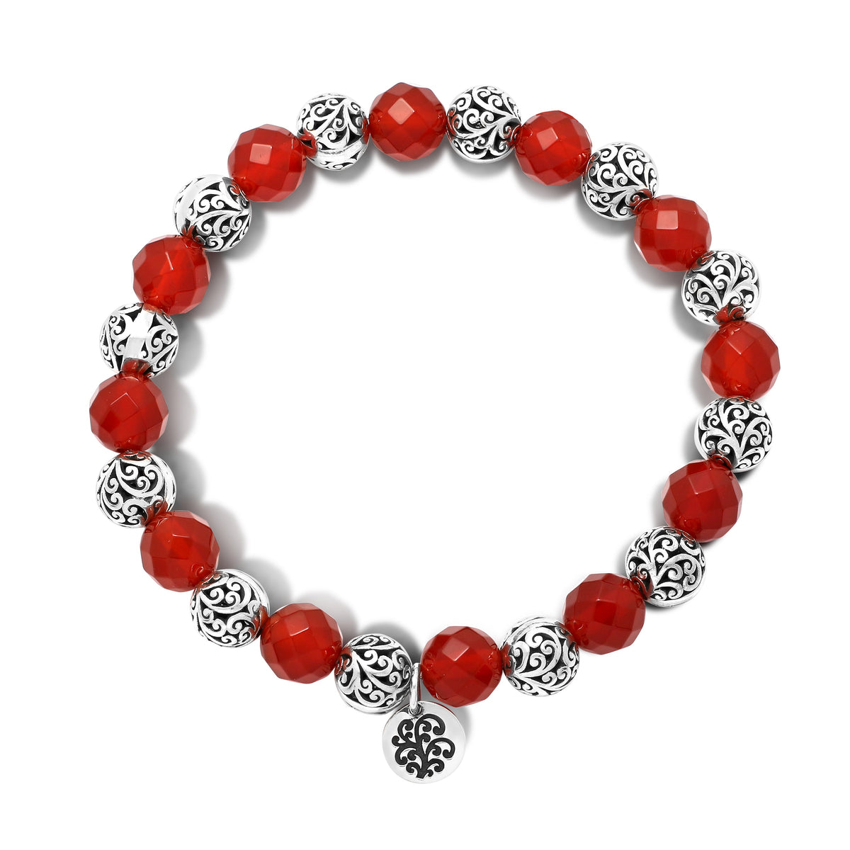 8 mm LH Signature Scroll Beads and Red Carnelian Alternated Stretch Bracelet