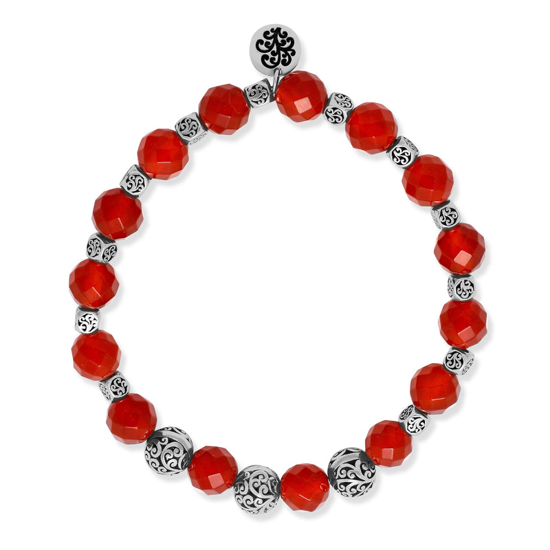 8 mm LH Signature Scroll and Red Carnelian Beads Spacer Stretch Bracelet