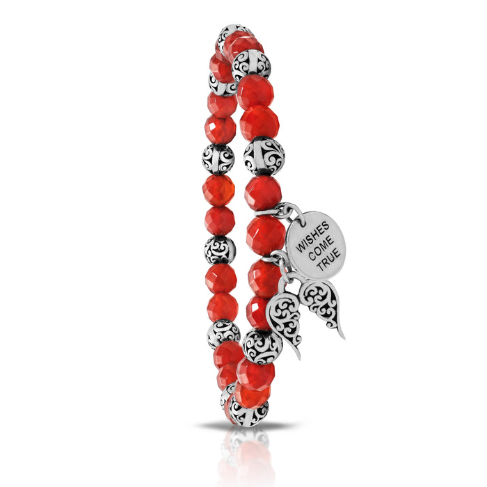 "Wishes Come True" 6mm LH Signature Scroll and Red Carnelian Beads Stretch Bracelet