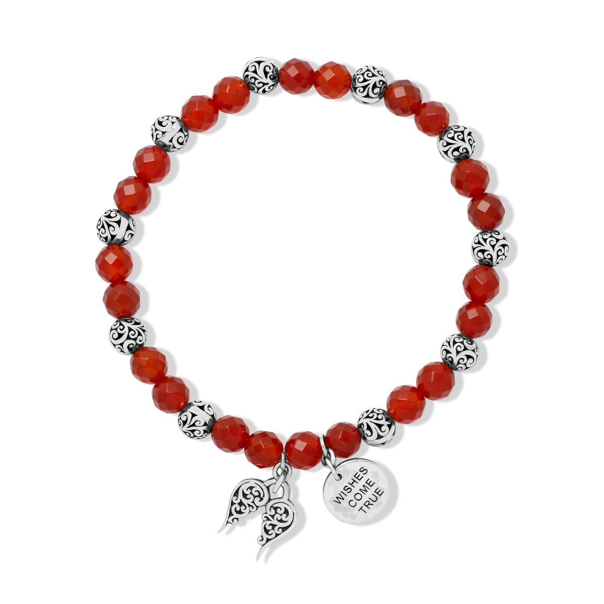"Wishes Come True" 6mm LH Signature Scroll and Red Carnelian Beads Stretch Bracelet