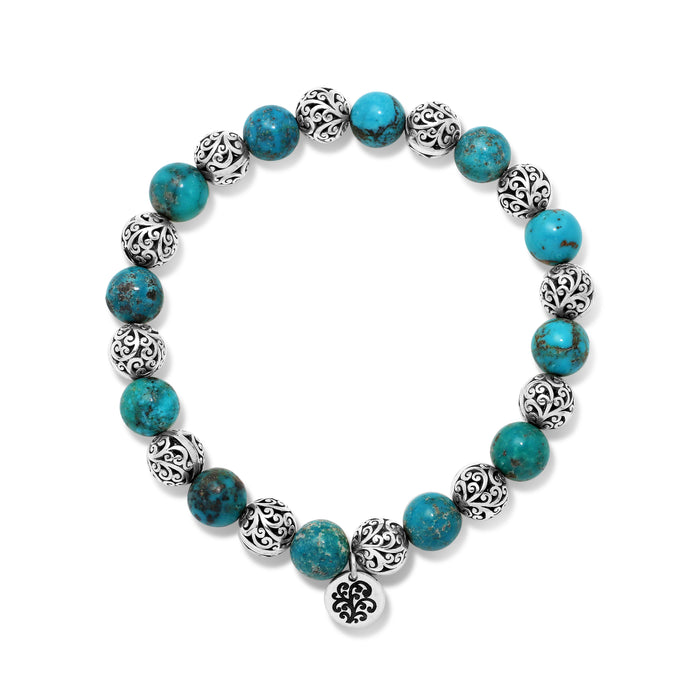 Blue Turquoise Bead (8mm) with Scroll Sterling Silver Bead Alternate Stretch Bracelet