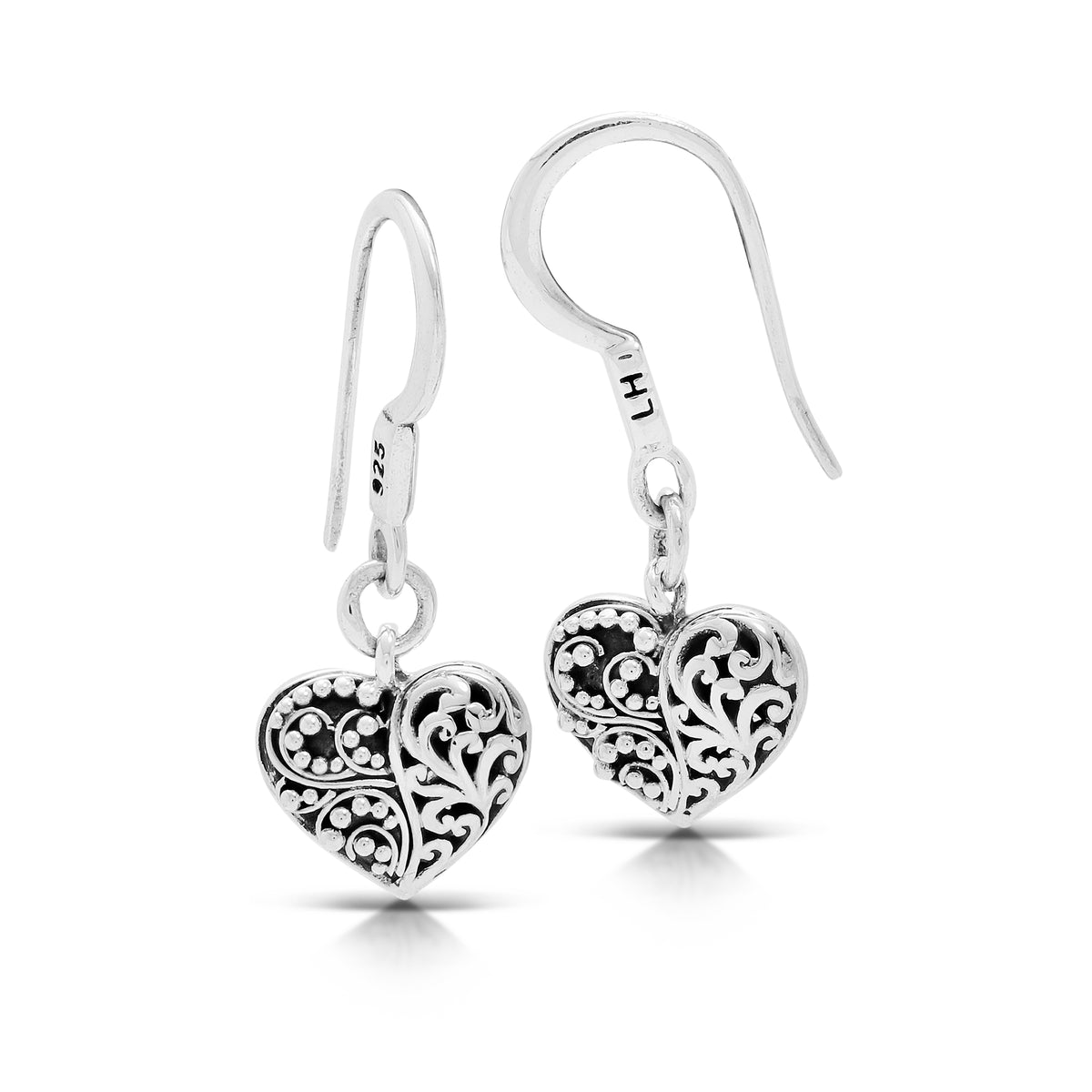 Classic Carved Scroll & Granulated Heart-Shaped Half Fish Hook Earrings. 11mm x 10mm Charm