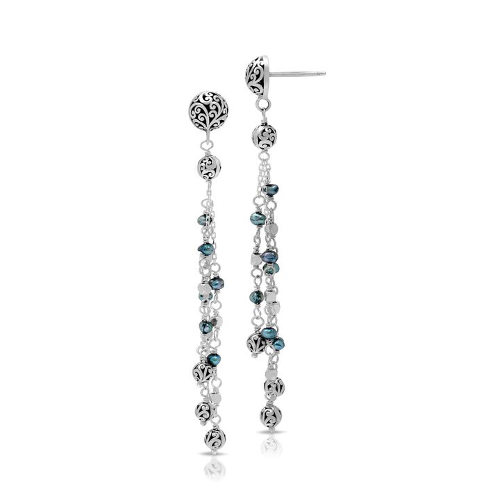 Blue Pearl Beads (3mm) with LH Scroll Post Top Earrings