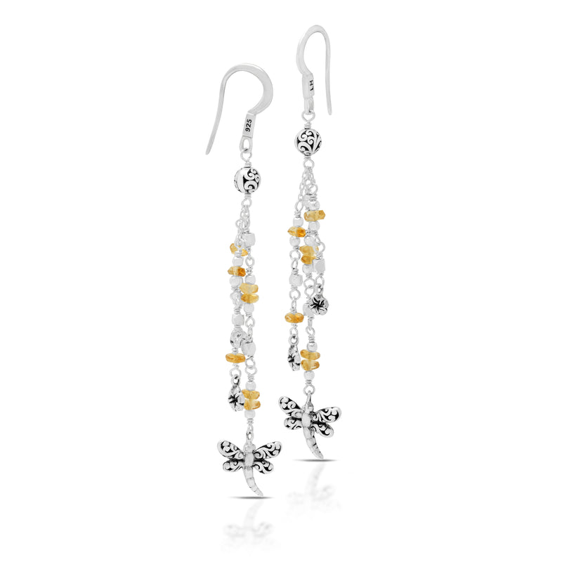 Faceted Citrine Beads on Three Strands Waterfall Dragonfly with Flower Dangle Earrings