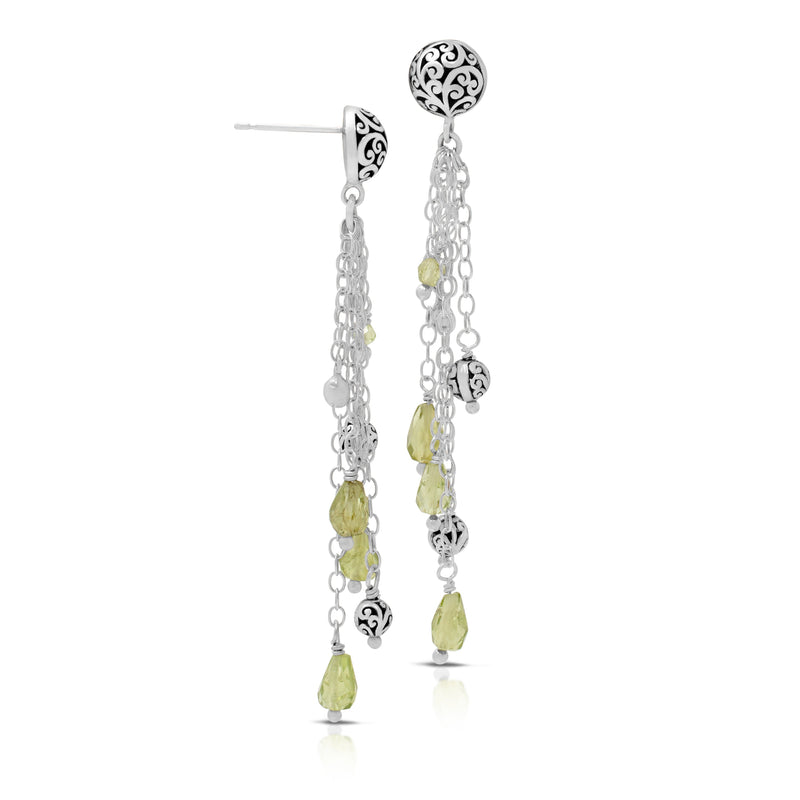 Faceted Peridot Briolette with LH Scroll Beads Four-Strand Waterfall Post Earrings