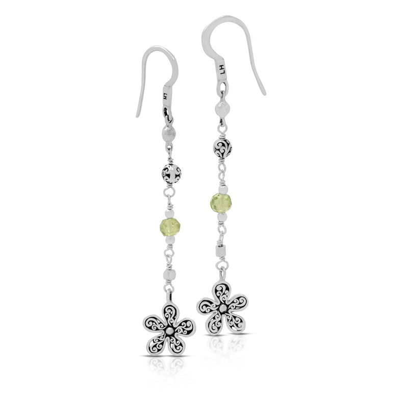Faceted Peridot Beads and LH Scroll Flower Drop Dangle Earrings