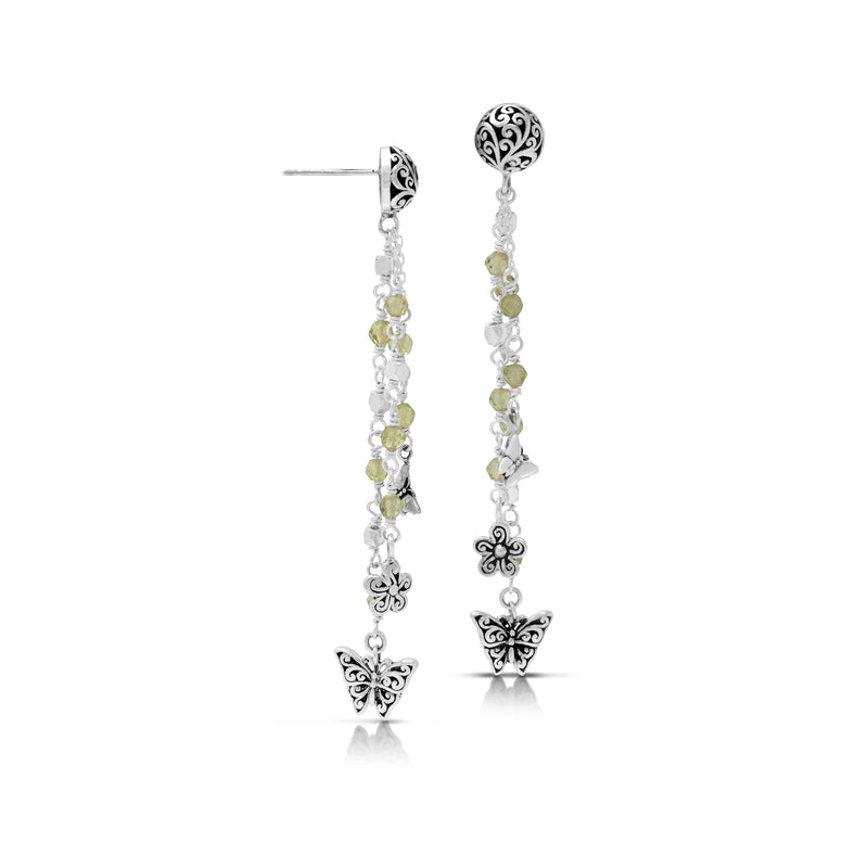Faceted Peridot Beads on Three Strands Waterfall Butterfly with Flower Dangle Post Earrings