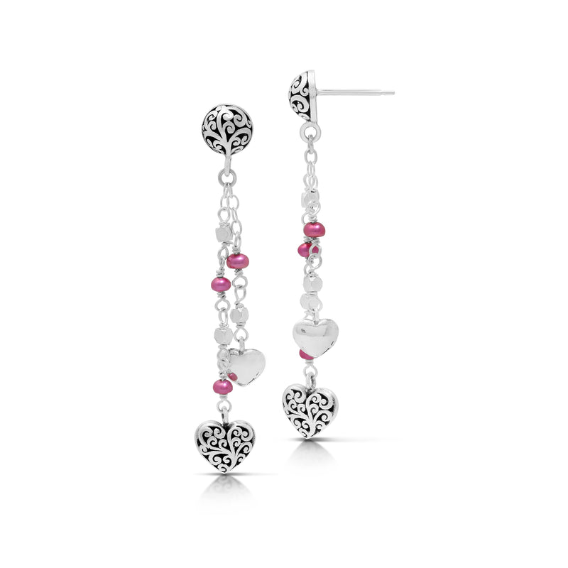 Pink Pearl Beads (4mm) with LH Signature Scroll Heart-Shaped Waterfall Post Earrings