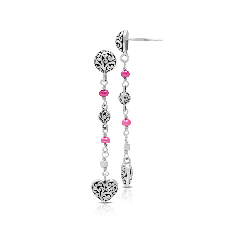 Pink Pearl Beads (4mm) with LH Signature Scroll Heart-Shaped Linear Drop Post Earrings