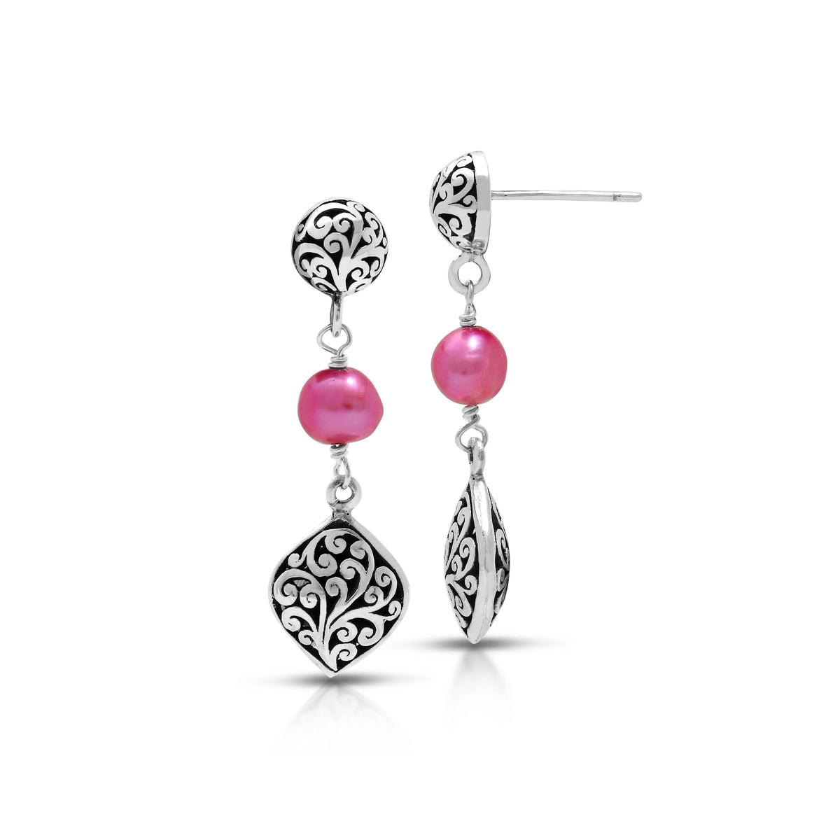 Pink Pearl Beads (6mm) with LH Signature Scroll Cushion Dangle Earrings