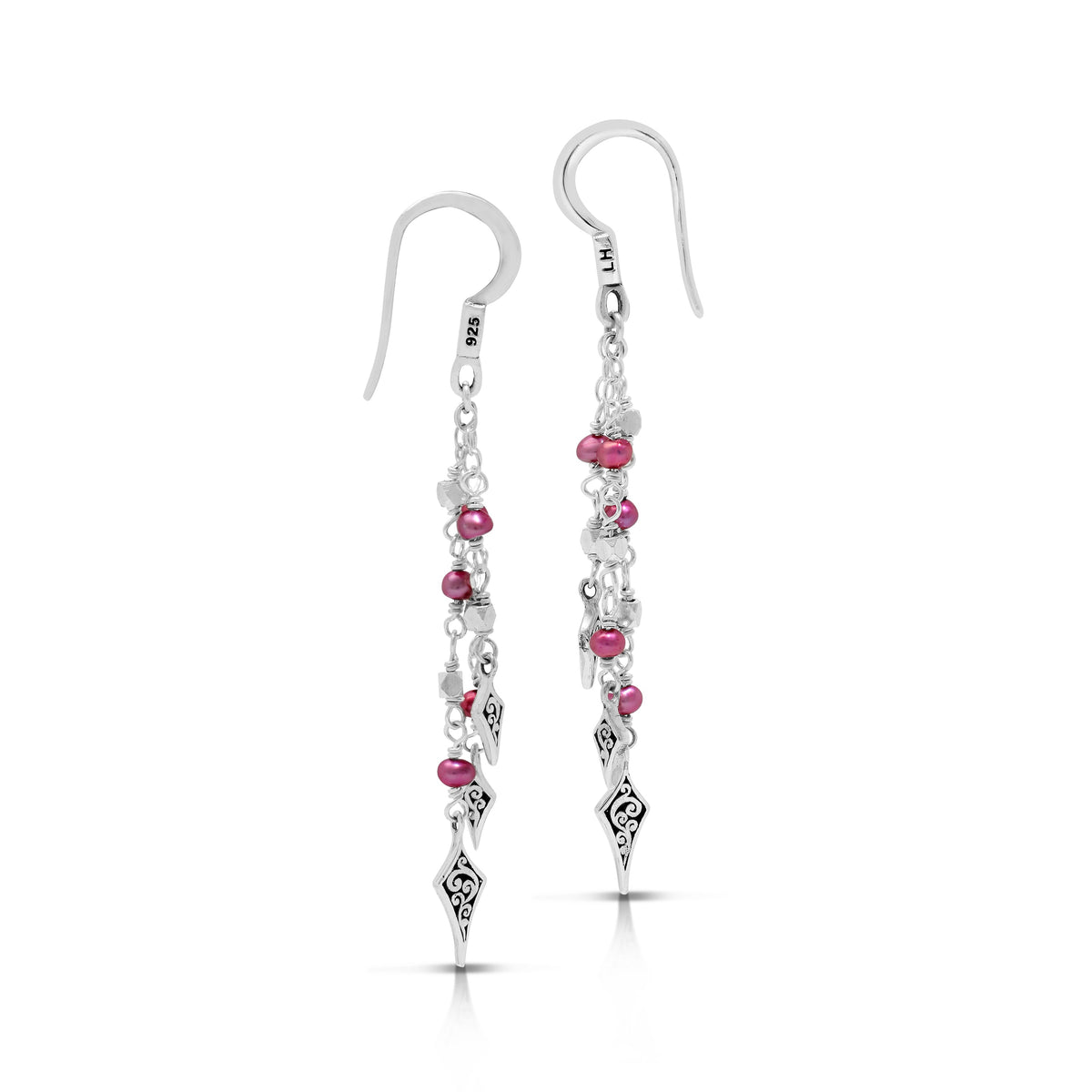 Pink Pearl Beads (4mm) with LH Signature Scroll Diamond-Shaped Waterfall Earrings