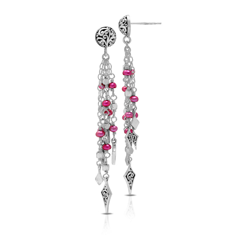 Pink Pearl Beads (4mm) with LH Signature Scroll Diamond-Shaped Waterfall Post Earrings