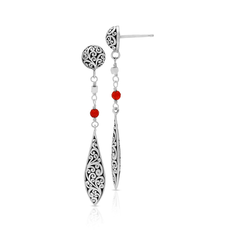 Red Carnelian Beads and LH Scroll  Elongated Marquise Drop Dangle Earrings