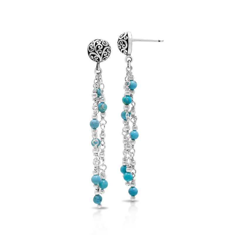 Blue Turquoise Bead (3mm) Wire Wrapped Waterfall Post Earrings