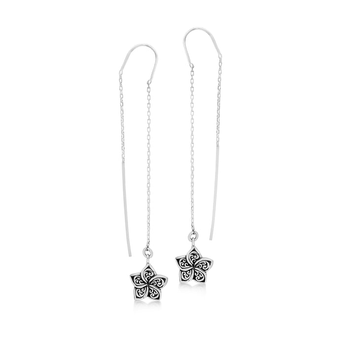 LH Signature Scroll Sterling Silver Floral Long Dangling Chain Threader Earrings - Lois Hill Jewelry