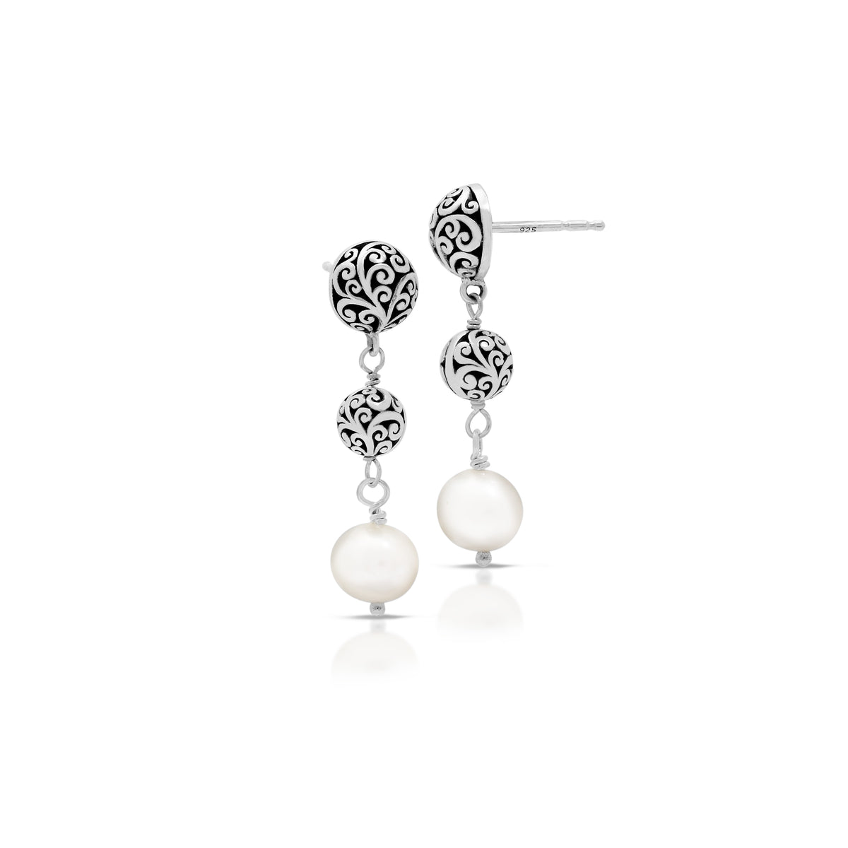 White Pearl & LH Scroll Beads Drop Post Earrings (30mm)