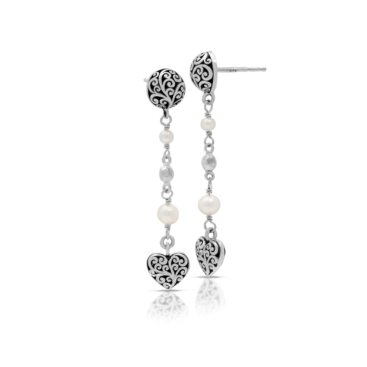 White Pearl & LH Scroll Beads Heart Drop Post Earrings (42mm)