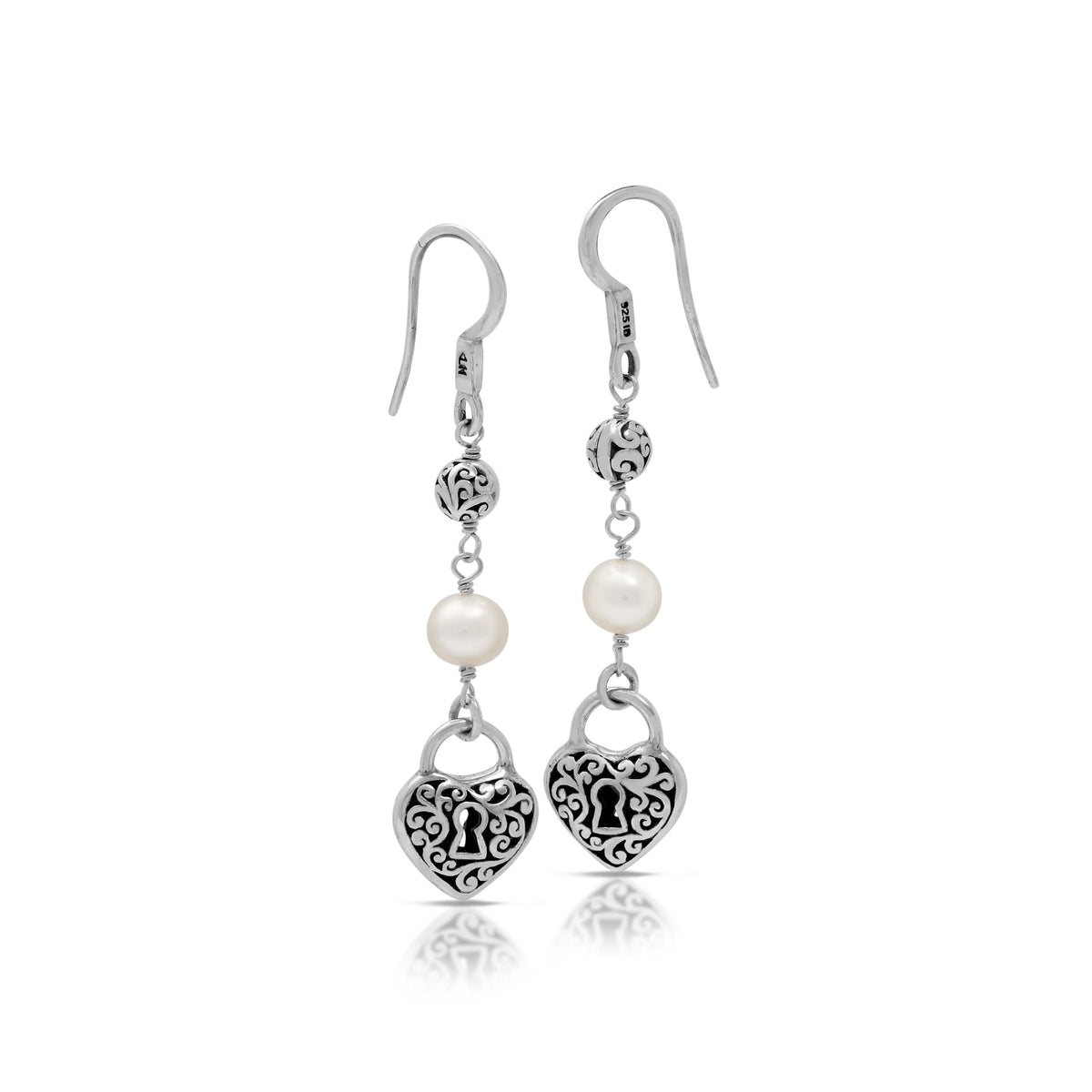 White Pearl & LH Scroll Beads Heart Drop Earrings (37mm)