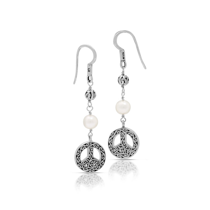 White Pearl & LH Scroll Beads Peace Drop Earrings (35mm)