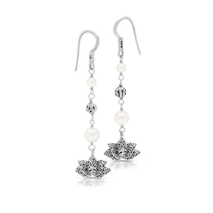 White Pearl & LH Scroll Beads Lotus Drop Earrings (40mm)