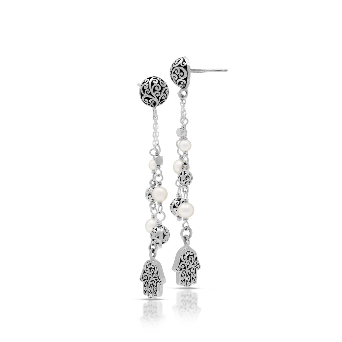 White Pearl & LH Scroll Beads Hamsa Dangle Earrings (55mm)