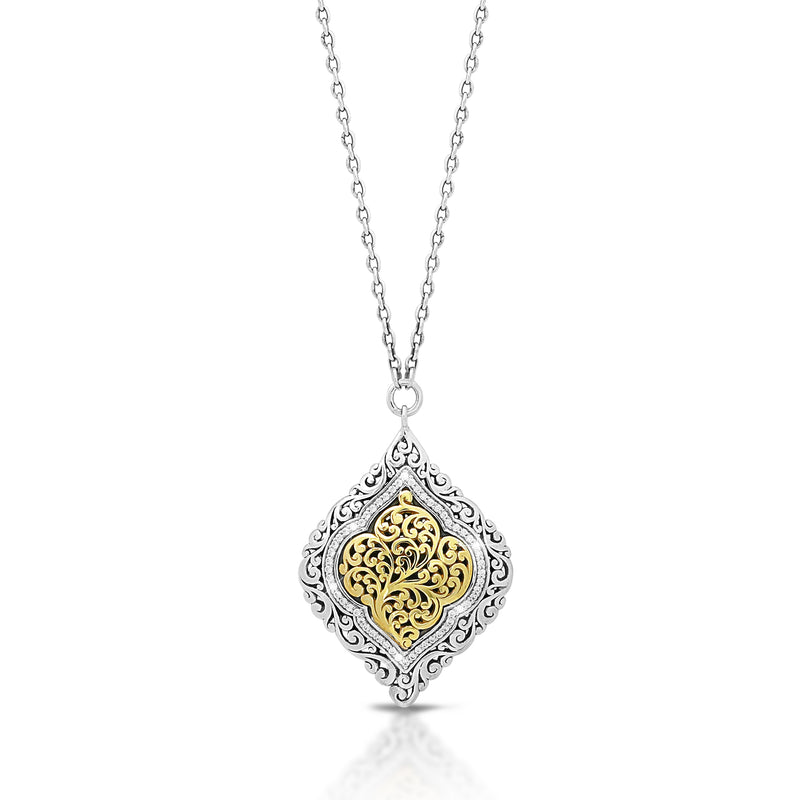 18K Gold Open Scroll Pendant Necklace w/Diamonds