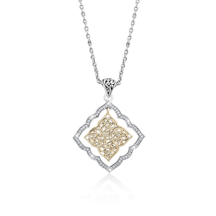 18K Gold Flat Open Scroll, Diamond Pendant Necklace