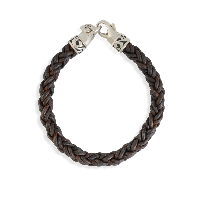 LH Leather Woven with Mens Tribal Sterling Silver Carved Lobster Ends Bracelet