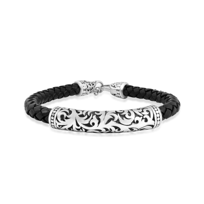 LH Mens Tribal Sterling Silver Carved with Leather Woven Bracelet