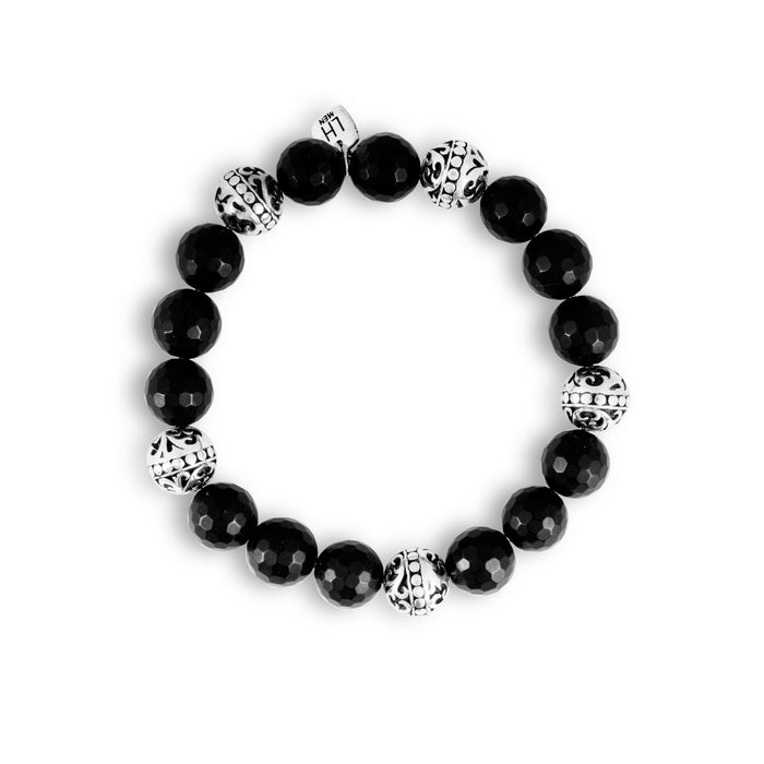 Classic Mens Tribal Scroll Bead and Faceted Black Onyx Bead Bracelet