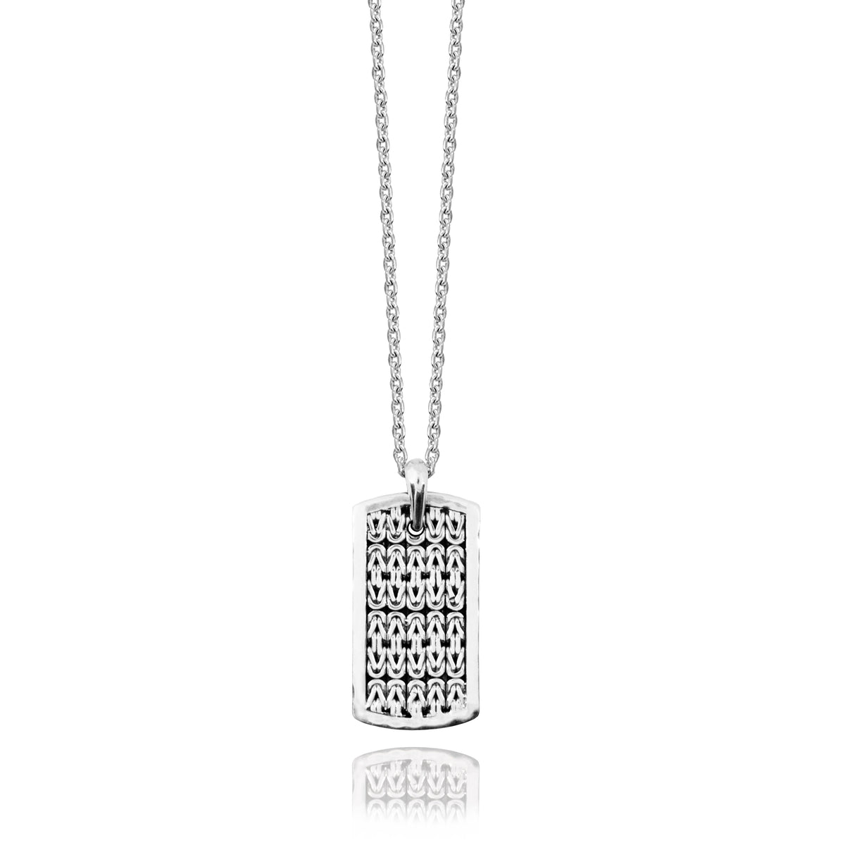 Classic Box Weave and Hammered Border Pendant Necklace. 31mm x 17mm Pendant