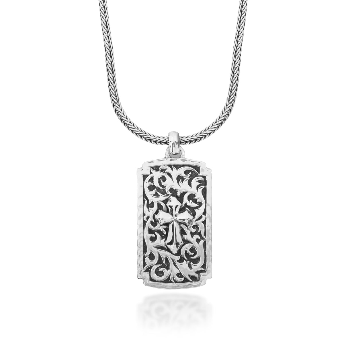 Classic LH Tribal Scroll ID Tag with Cross Light Middle Pendant Necklace. 36mm x 21mm Pendant