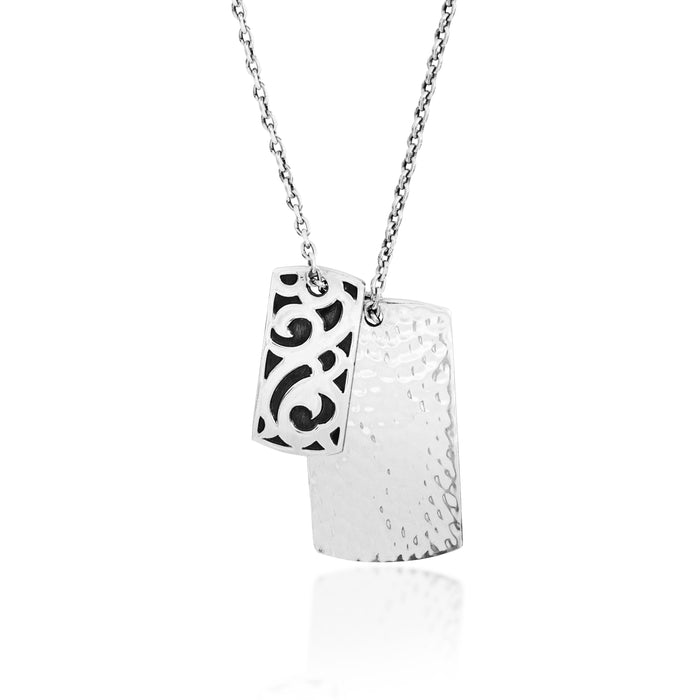 Small Classic LH Tribal Scroll and Large Hammered ID Tag Pendant Necklace. 38mm x 21mm Pendant
