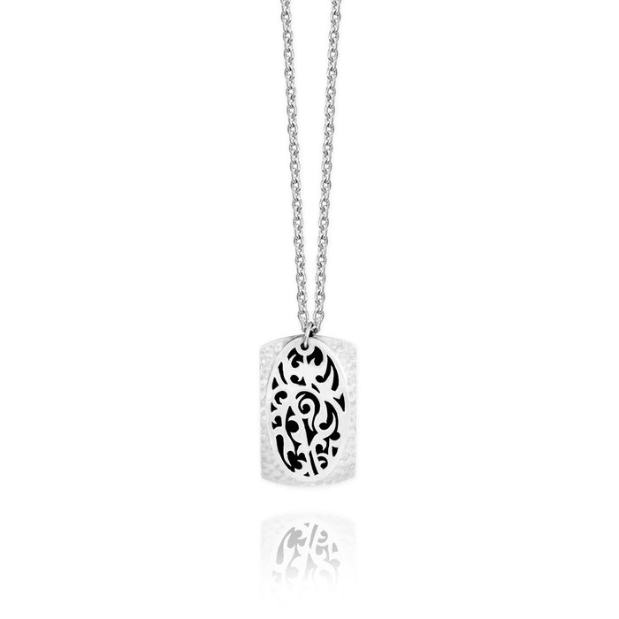 Classic Oval LH Tribal Scroll with Hammered ID Tag Pendant Necklace. 36mm x 22mm Pendant
