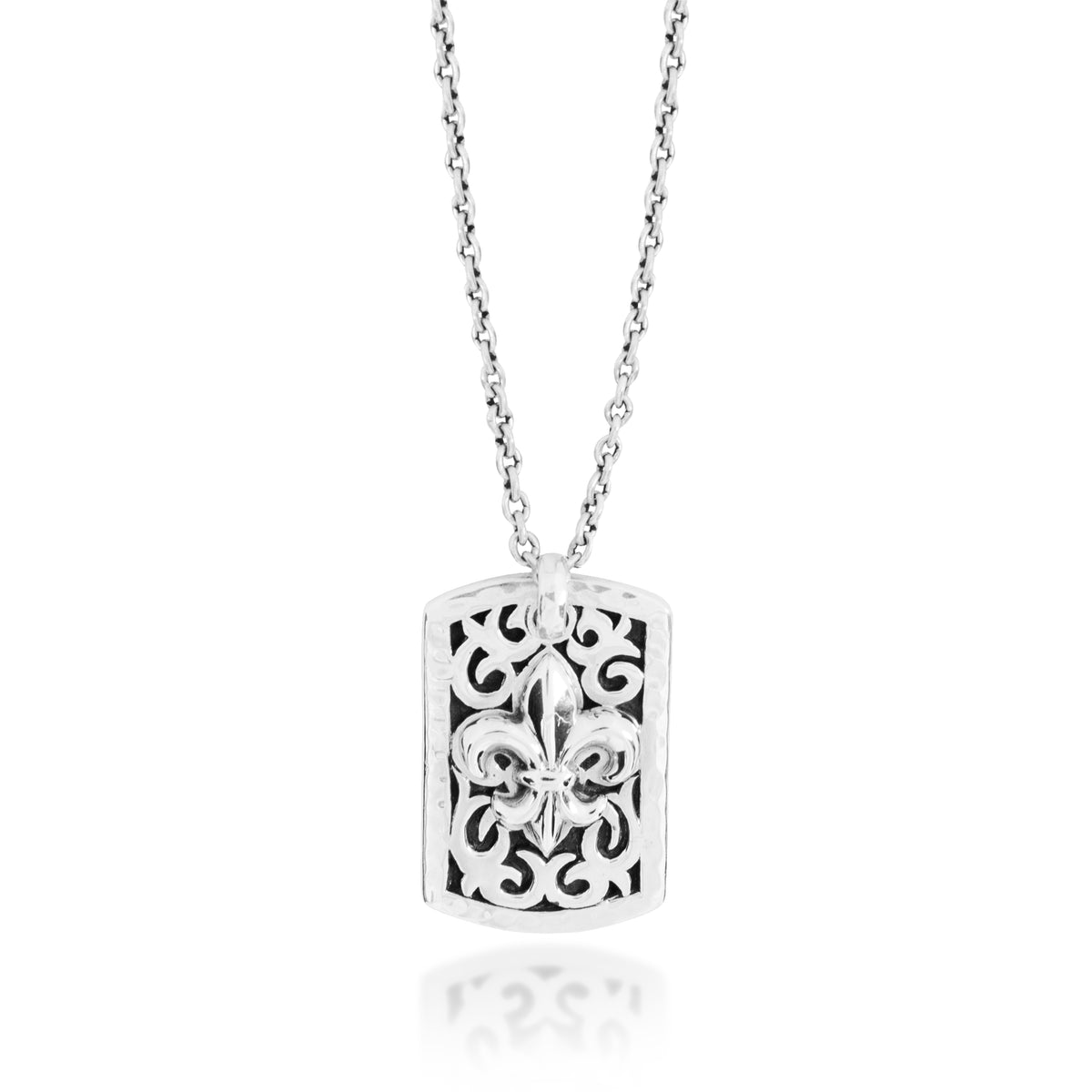 Small Classic LH Tribal Scroll ID Tag with Fleur-De-Lis Middle Pendant Necklace. 29mm x 19mm Pendant