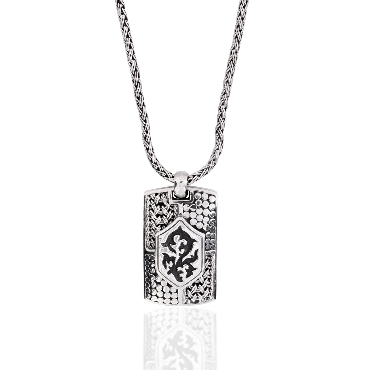 Classic LH Tribal Scroll Middle with Woven ID Tag Pendant Necklace. 35mm x 21mm Pendant