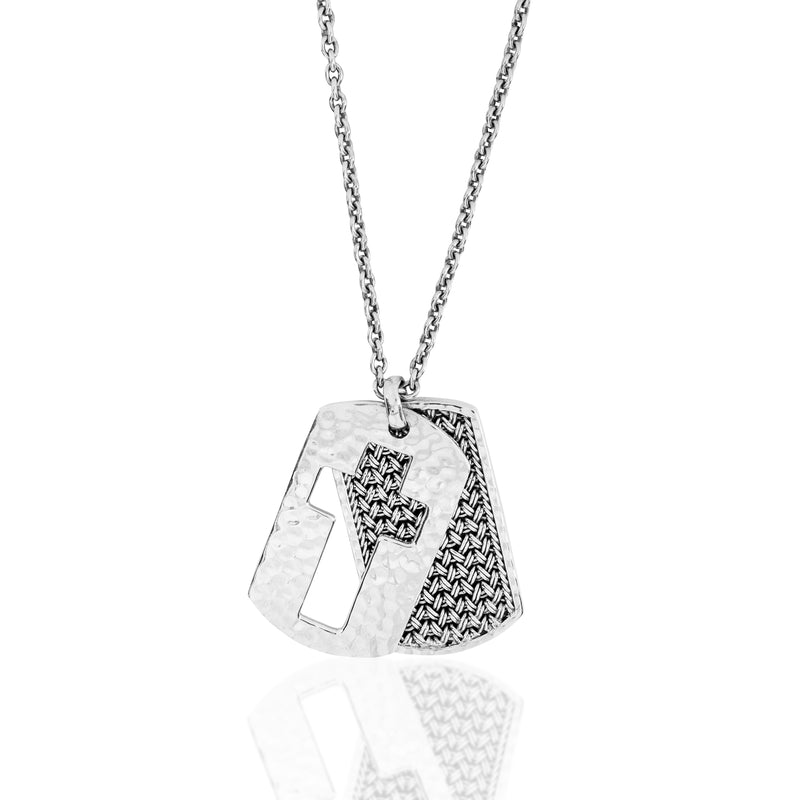 Classic Textile Weave and Hammered Open Cross ID Tag Pendant Necklace. 40mm x 24mm Pendant