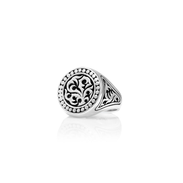 Classic LH Tribal Scroll Round with Dot Border Signet Ring