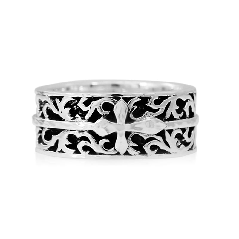Classic LH Tribal Scroll with Small Cross Accent Band Ring