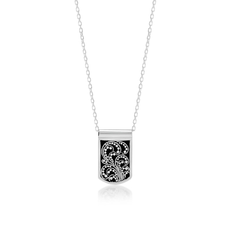 Granulated & Signature Scroll Double Side IDtag Pendant Sterling Silver Necklace. 10mm x 17mm Pendant