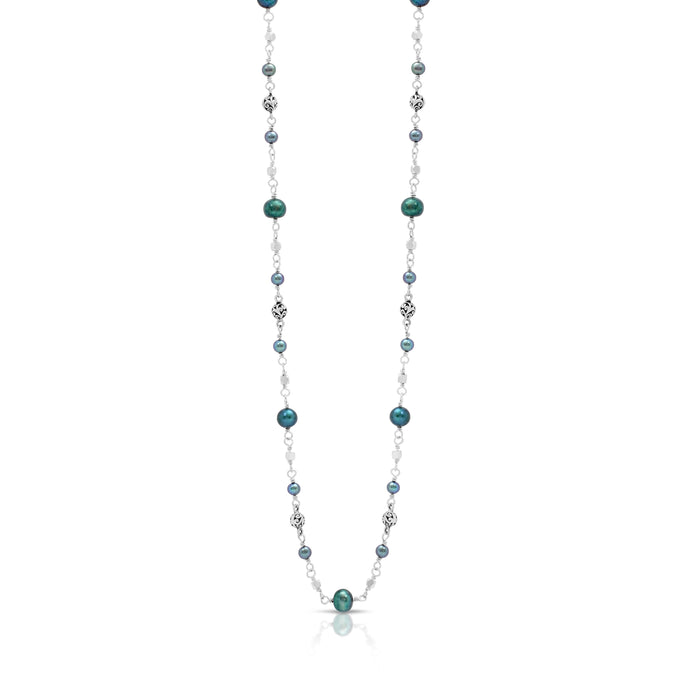 Blue Pearl & LH Scroll Beads with Delicate Single Strand Necklace (17"- 20")