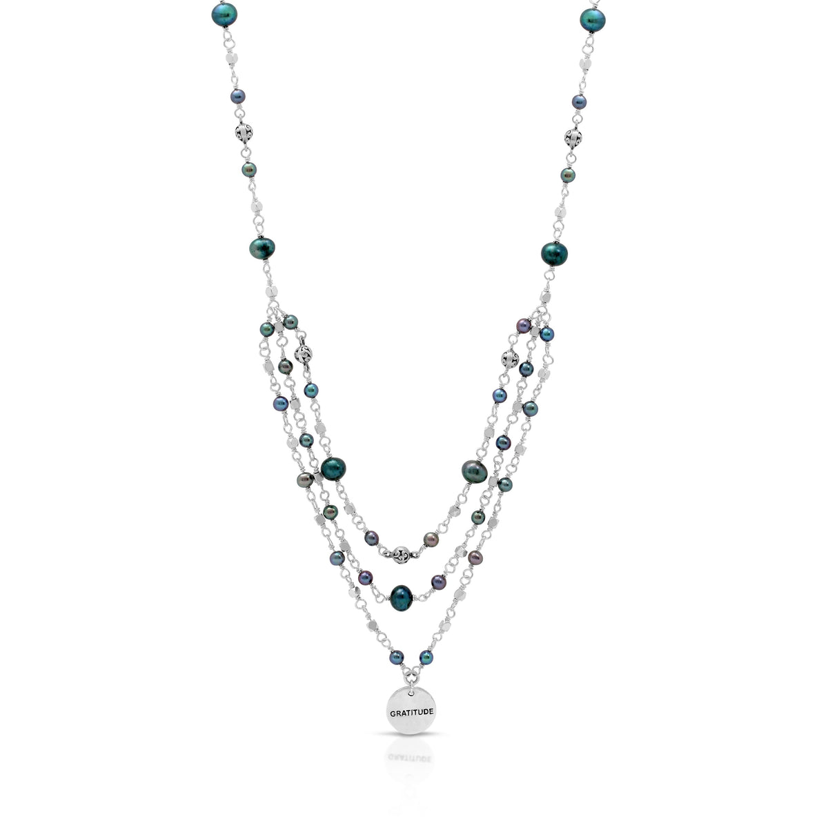 Blue Pearl Beads with "Gratitude" Pendant on Three Strand Necklace (17"-20")