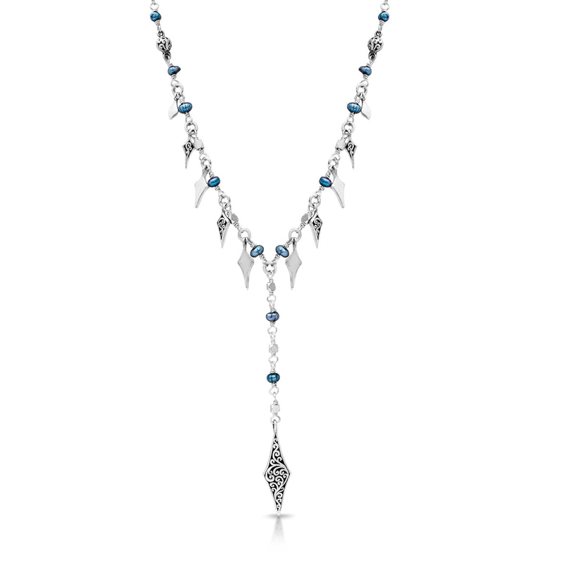 Blue Pearl Beads with Elongated Charm Necklace (17"-20")
