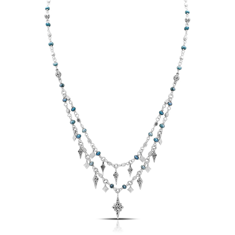Blue Pearl Beads Combined with 3-Strands Charm Starbright Pendant  Necklace (17"-20")