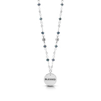 Blue Pearl Beads with Hammered "Blessed" Disk Pendant Necklace (17"-20")