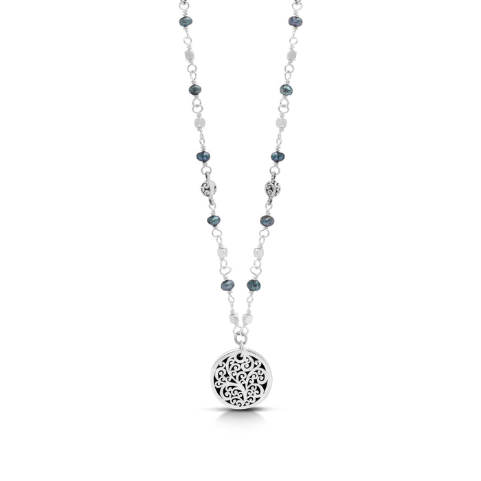 Blue Pearl Beads with Hammered "Blessed" Disk Pendant Necklace (17"-20")