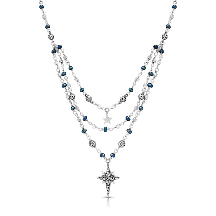 Blue Pearl Beads on Three Strands with Starbright Pendant Necklace (17"-20")